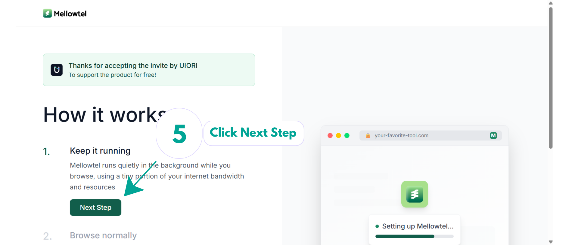 First screen of the Mellowtel setup demo