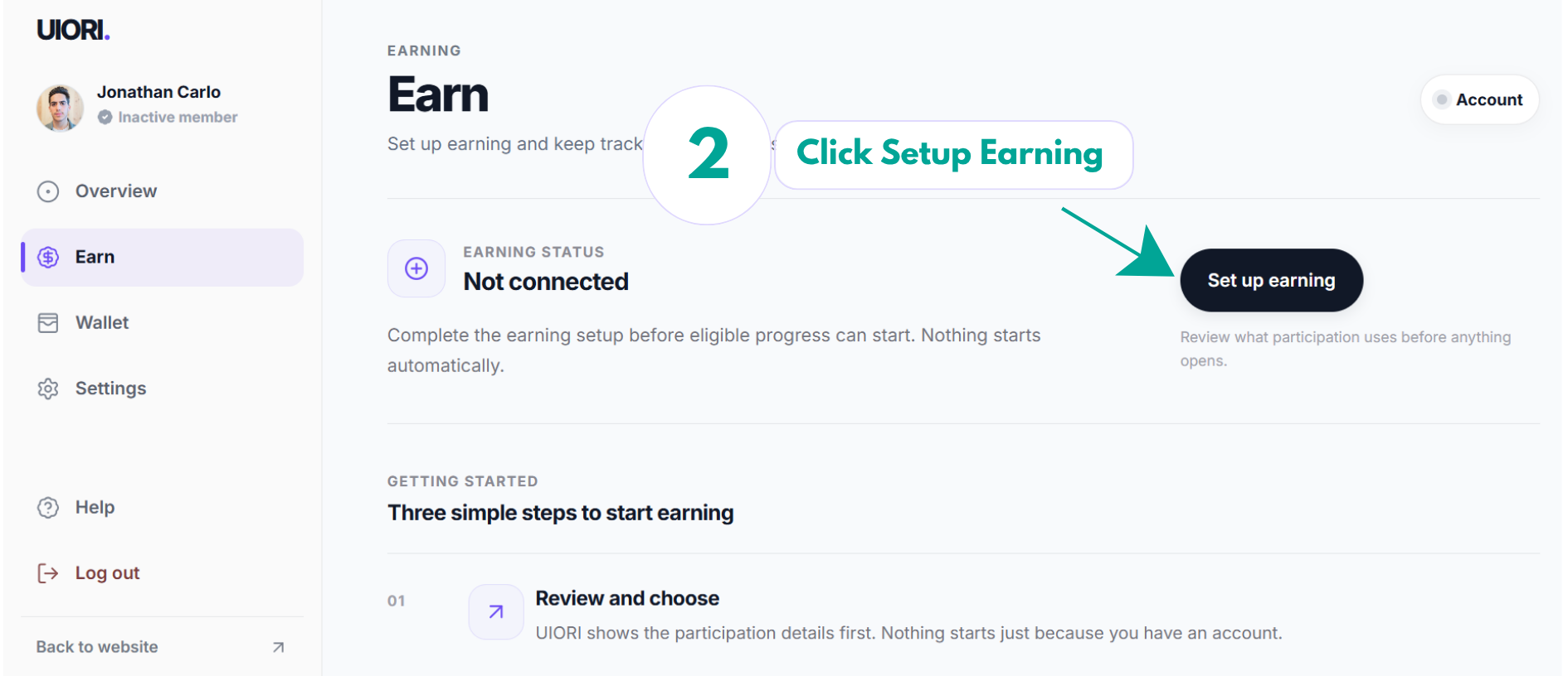 UIORI Earn page showing the Set up earning button