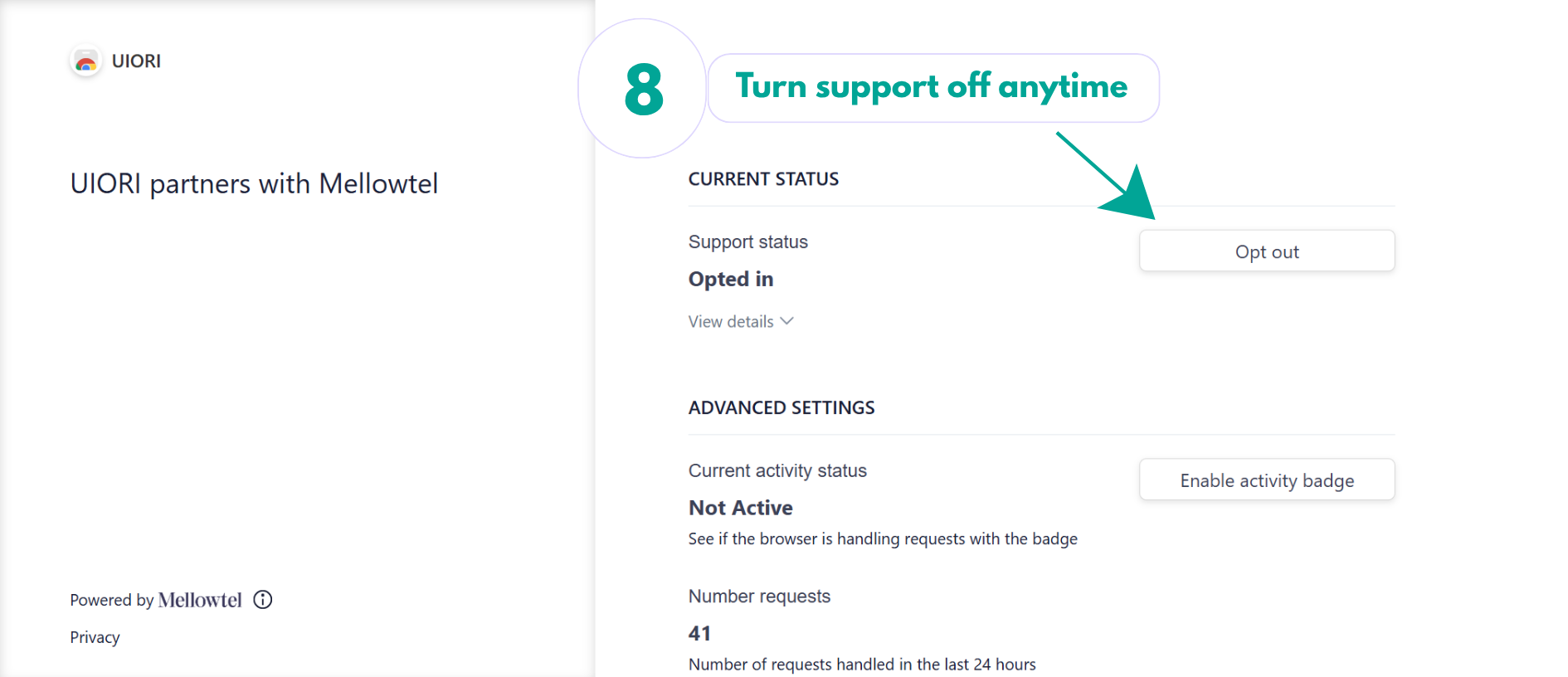 Mellowtel settings showing how to turn support off