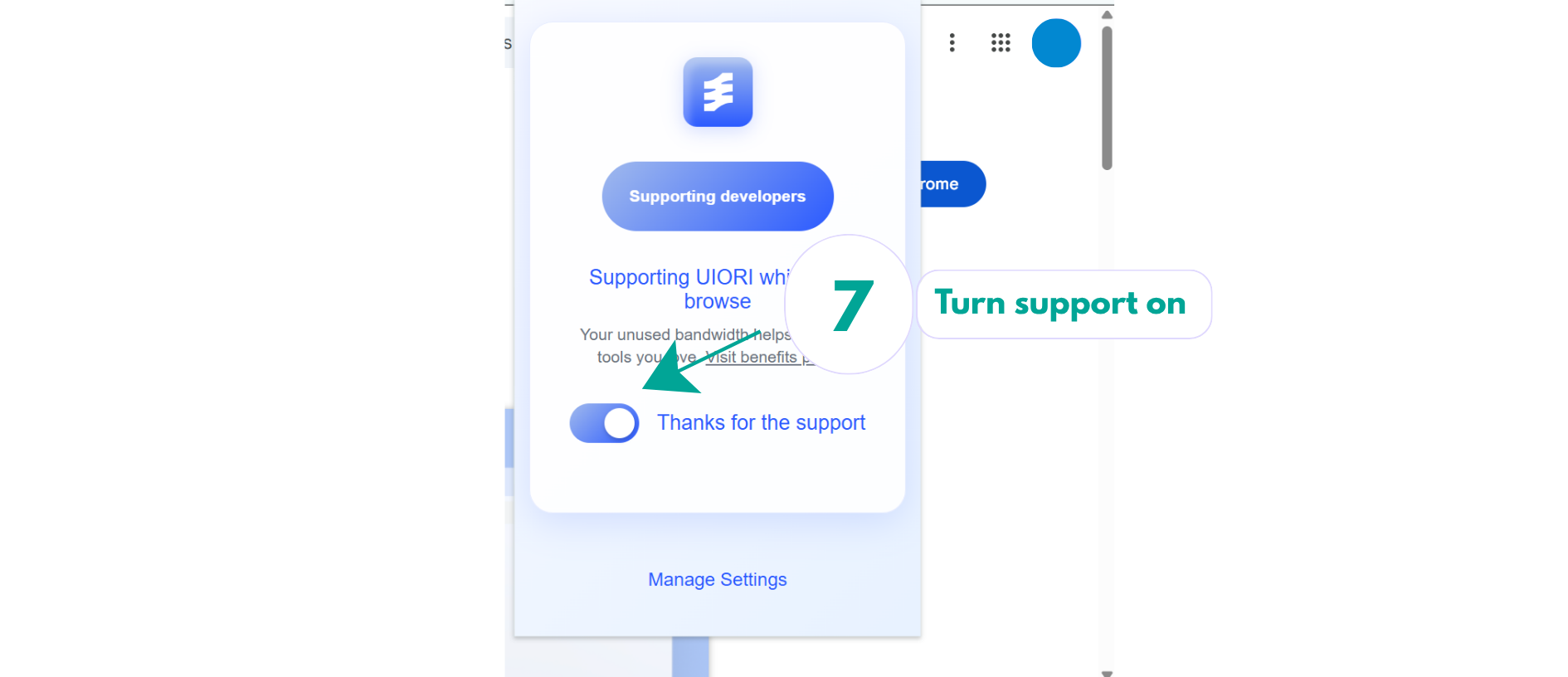 Mellowtel extension showing the support switch turned on