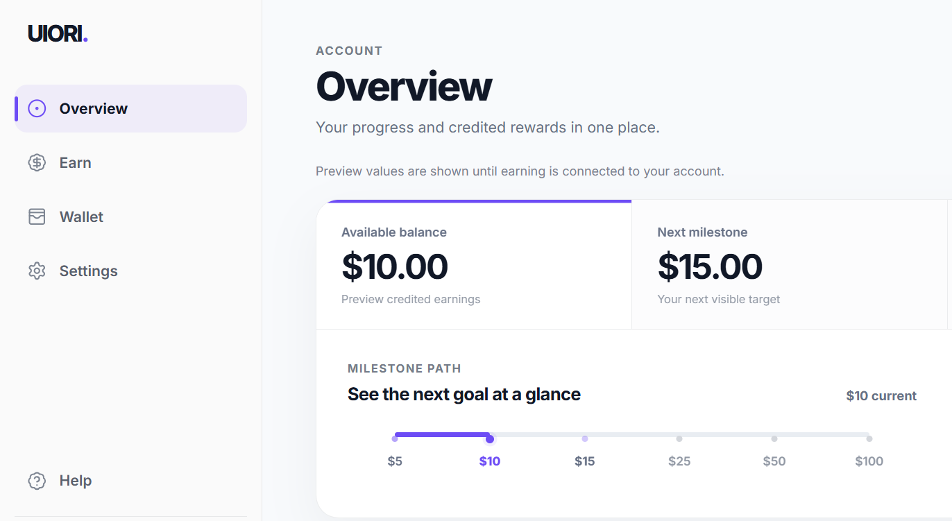 UIORI dashboard showing balance, next milestone, earning status, and progress